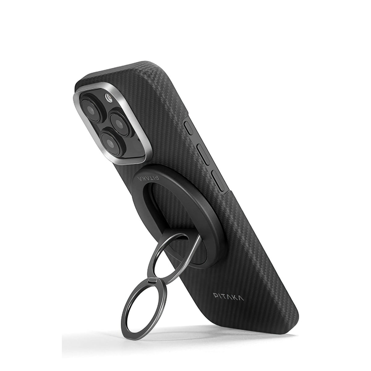 Pitaka iPhone 16 Pro Karbon Kılıf MagSafe Uyumlu Aramid Fiber - Edge 600D Black Gray Yüzük Standlı