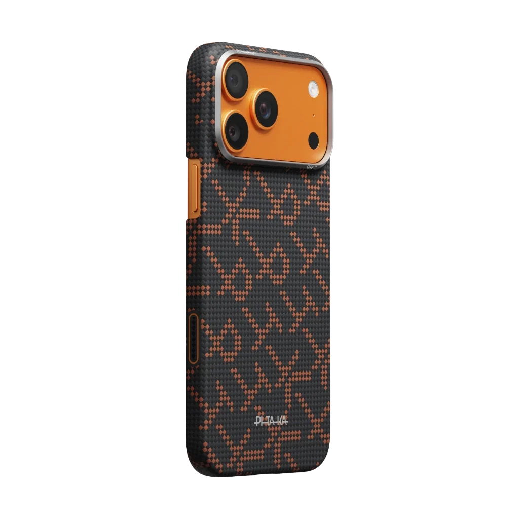 Pitaka iPhone 17 Pro Karbon Kılıf MagSafe Uyumlu Aramid Fiber - Edge Leaping Orange Black