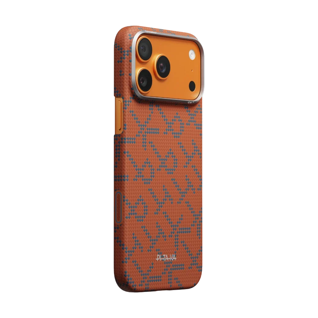 Pitaka iPhone 17 Pro Karbon Kılıf MagSafe Uyumlu Aramid Fiber - Edge Leaping Blue Orange